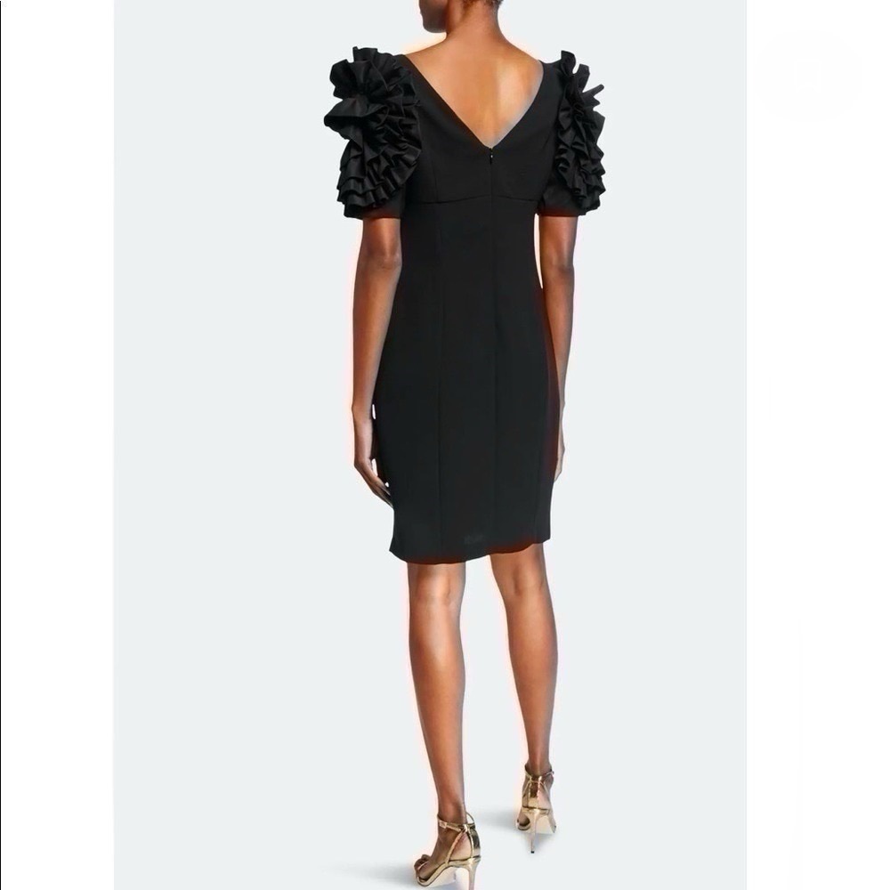 Shani Dramatic Rosette Sleeve Crepe Sheath Cocktail Dress Black - Picture 2 of 12